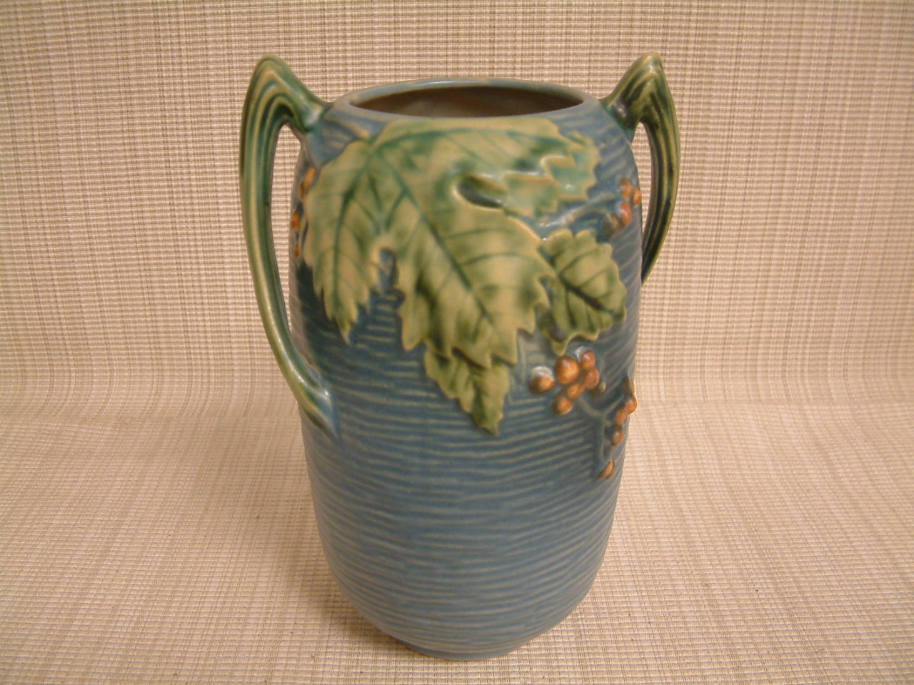 Roseville Blue Bushberry Twig Handled Tall Vase