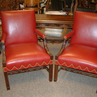 Walnut Carved Pair Leather  Library Chairs OVERSIZED