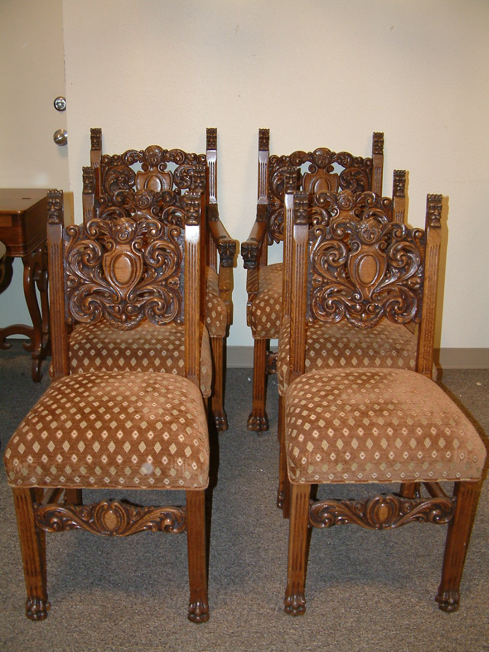 Horner Oak Griffin Chairs Pierce Carved Set of 6 SOLD