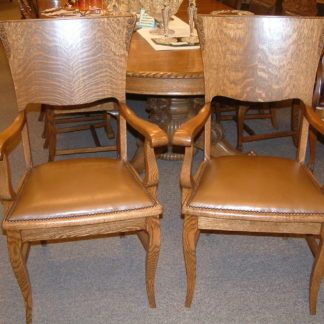 Pair Oak Fancy Leather Seat Arm Chairs