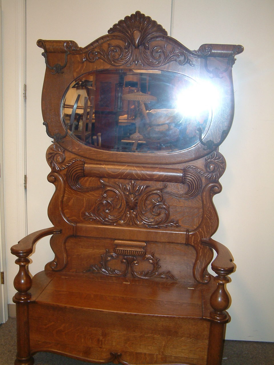 Massive Carved Quartersawn Oak Halltree - SOLD! - Image 2