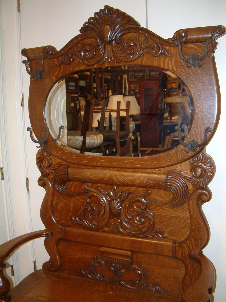 Massive Carved Quartersawn Oak Halltree - SOLD! - Image 5
