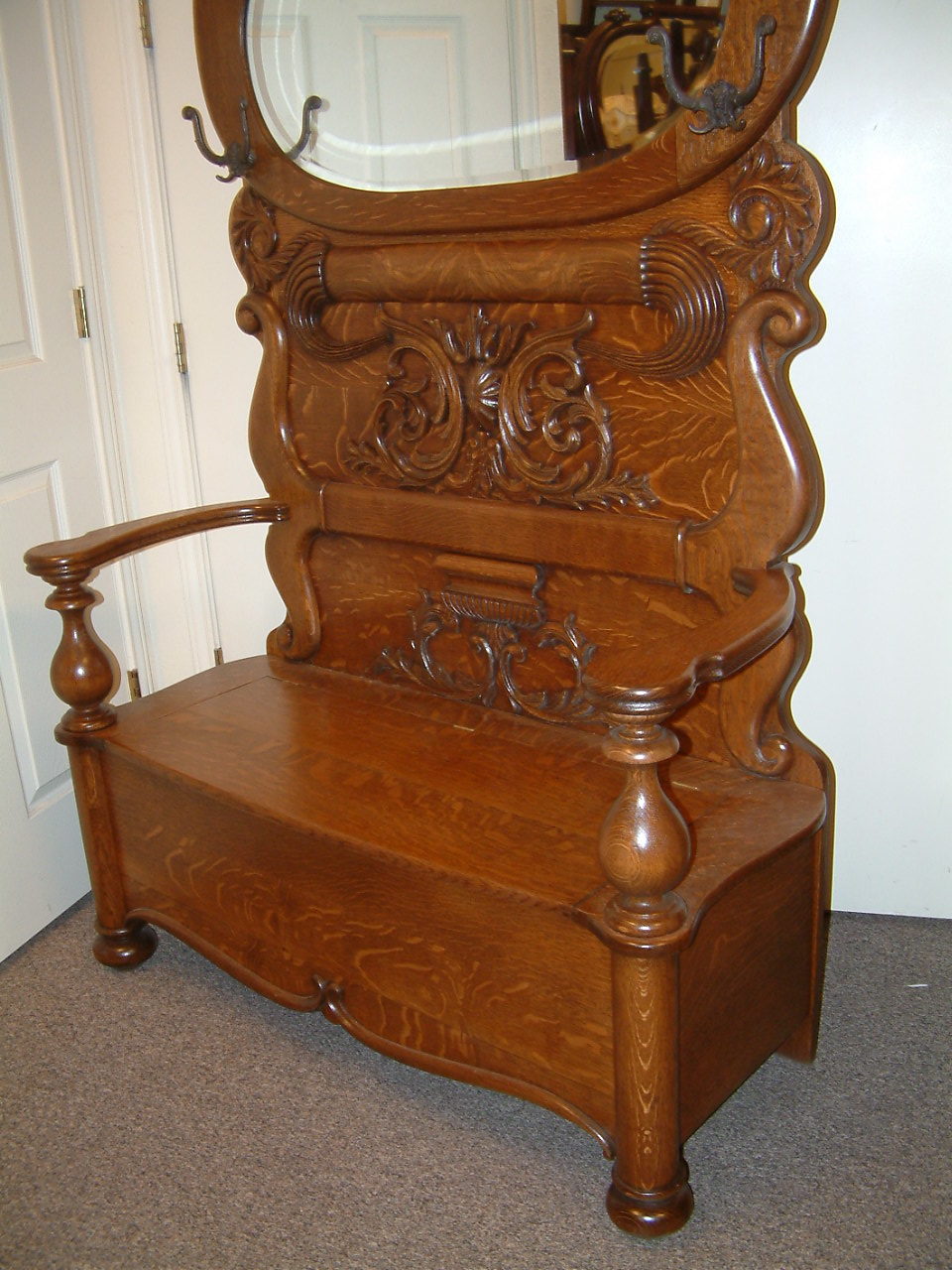 Massive Carved Quartersawn Oak Halltree - SOLD! - Image 6