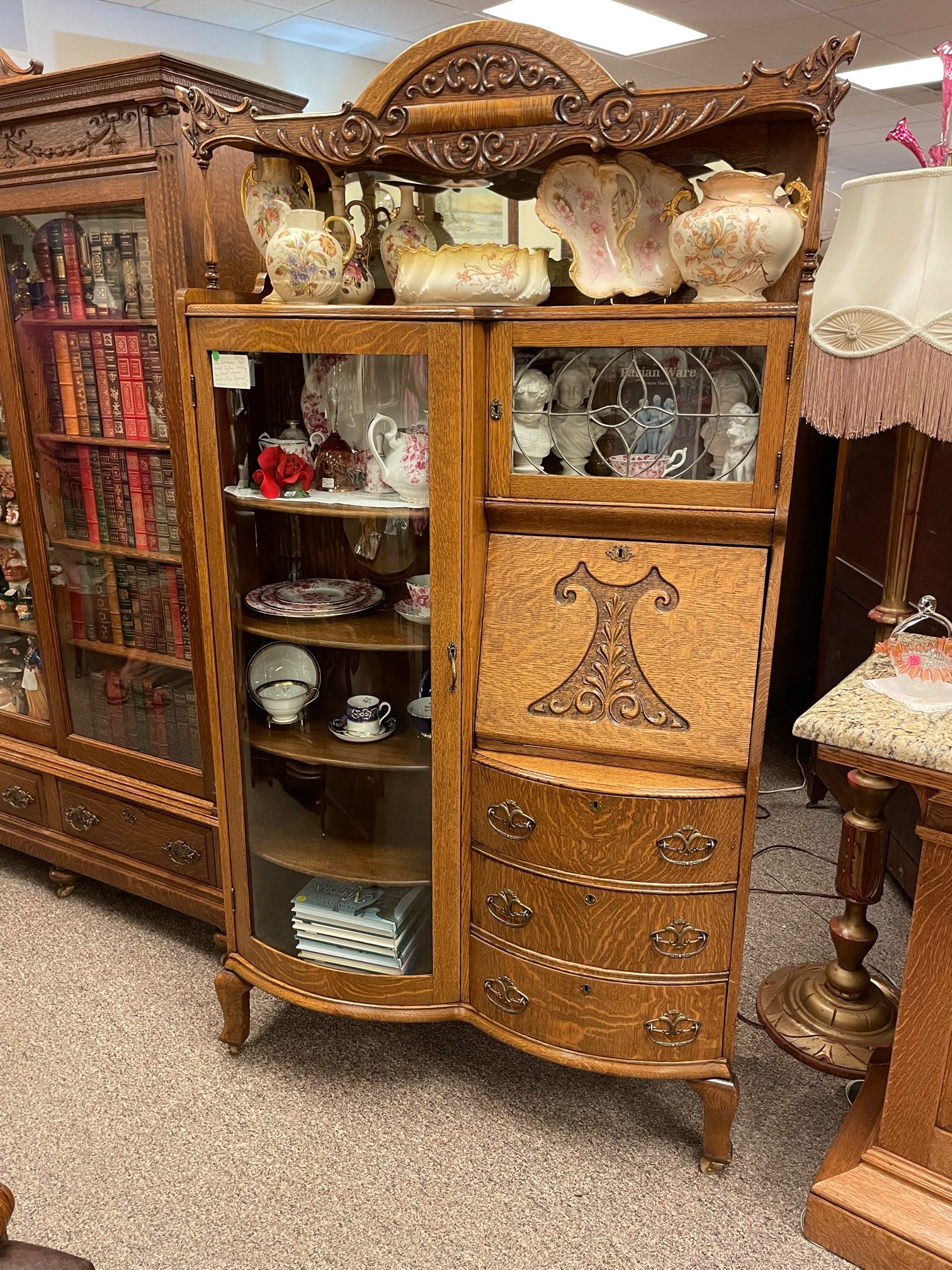 Quartersawn Oak Hooded Griffin Secretary