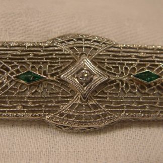 Art Deco Filigree Diamond & Emerald Brooch / Pin 14K & Platinum
