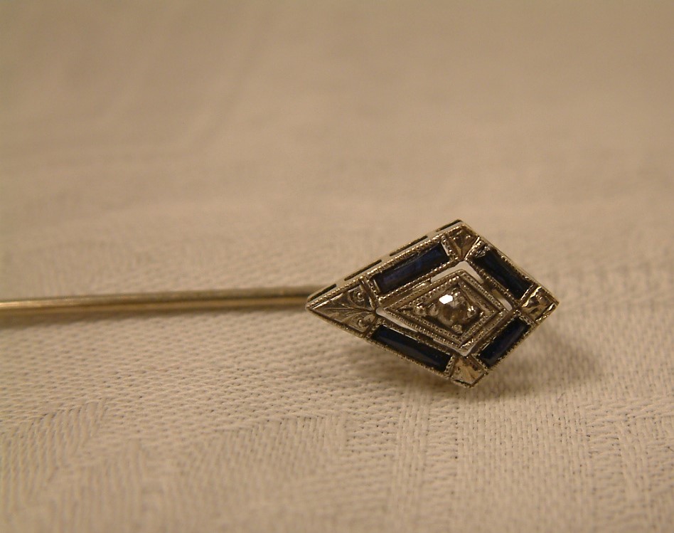 Diamond & Sapphires Stick Pin / Lapel Pin 14K Gold - Image 5