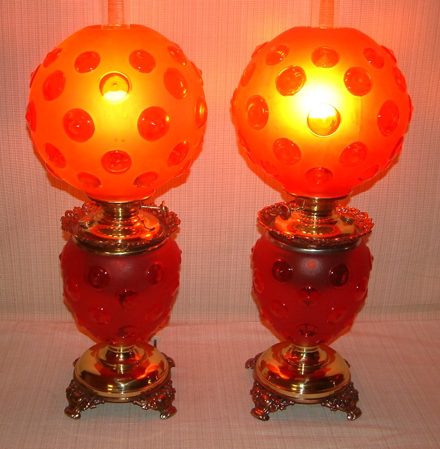 PAIR Red Satin Glass Bulls Eye Lamps SOLD - Image 2