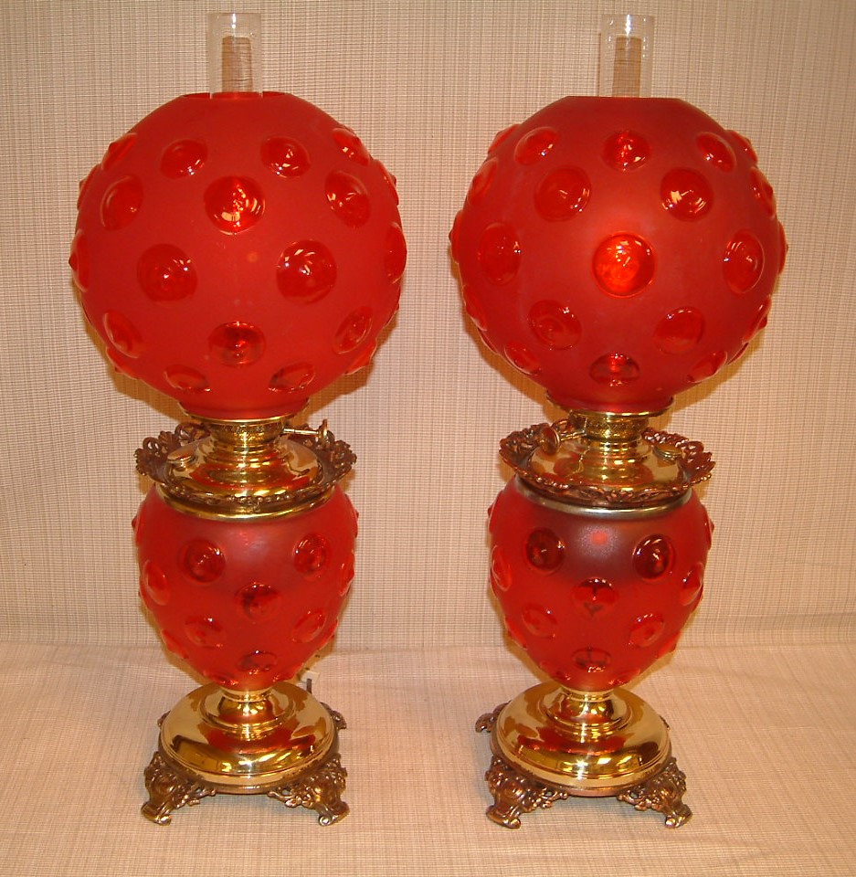 PAIR Red Satin Glass Bulls Eye Lamps SOLD
