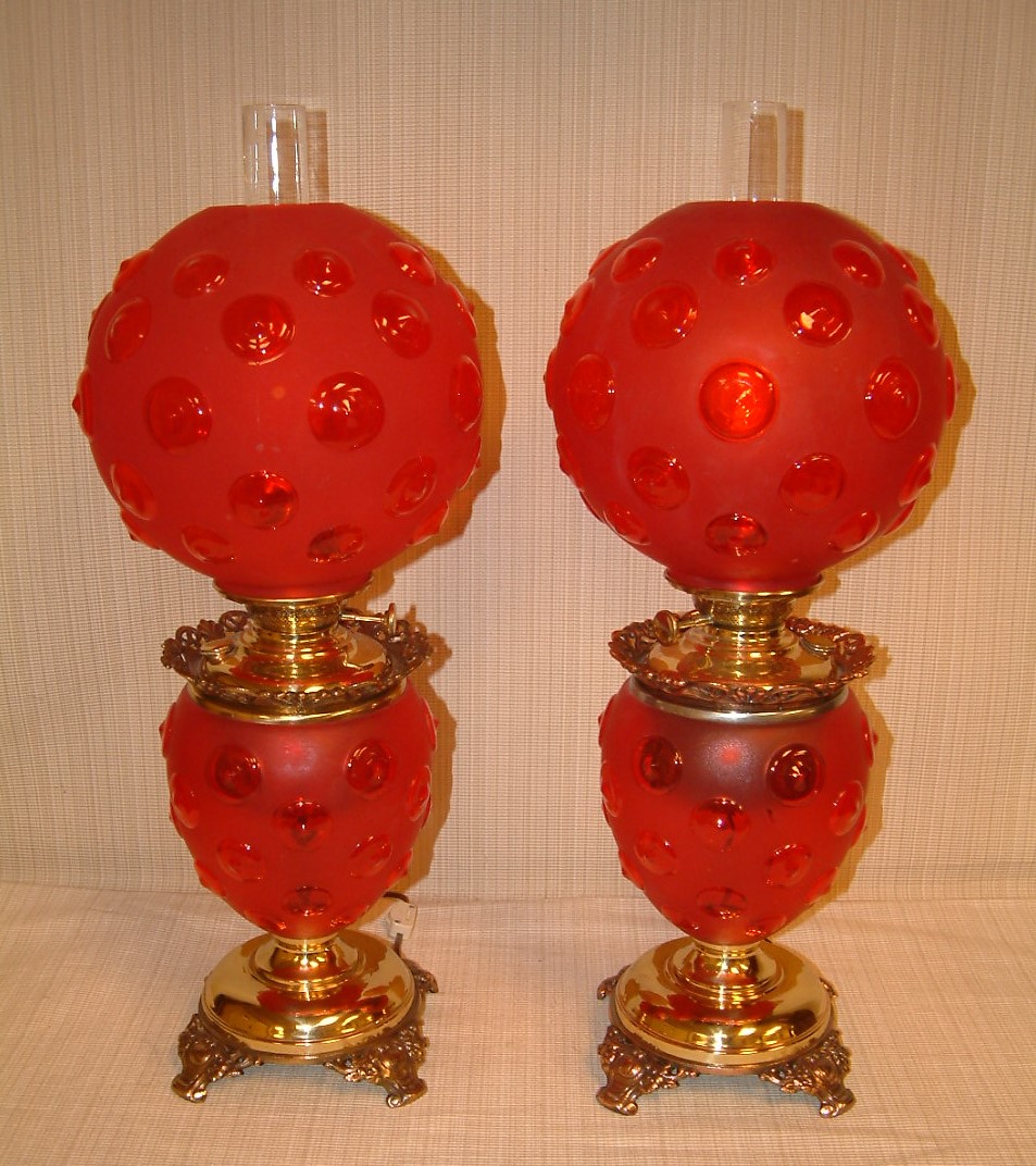 PAIR Red Satin Glass Bulls Eye Lamps SOLD - Image 4
