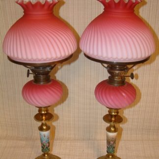 Victorian Cranberry Cased Glass Peg Lamps, Matched Pair