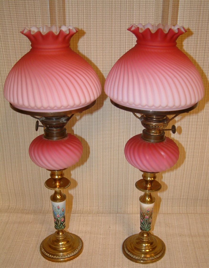 Victorian Cranberry Cased Glass Peg Lamps, Matched Pair