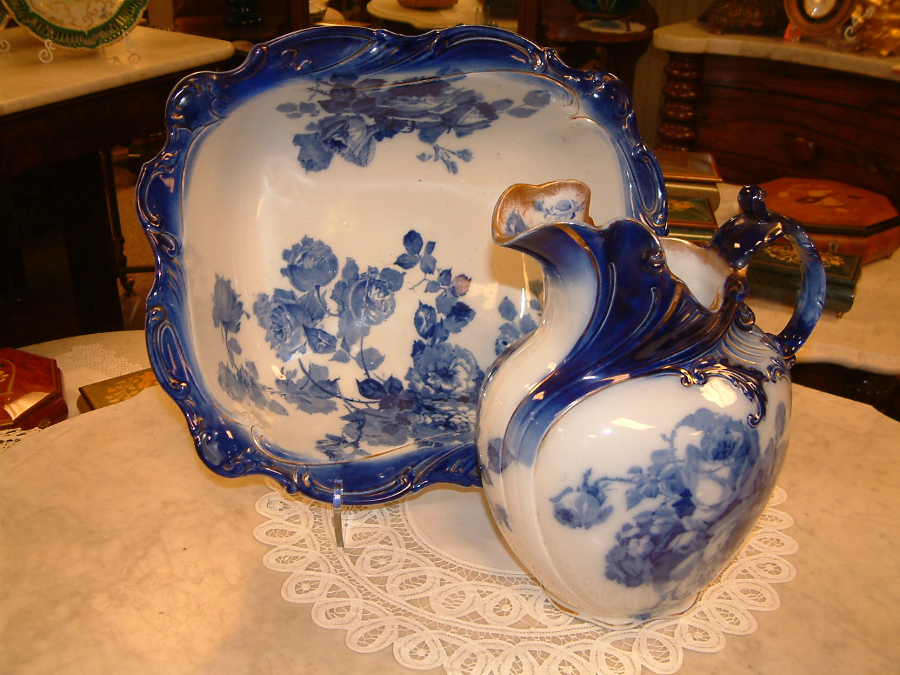 Doulton Flow Blue Pitcher & Bowl SOLD