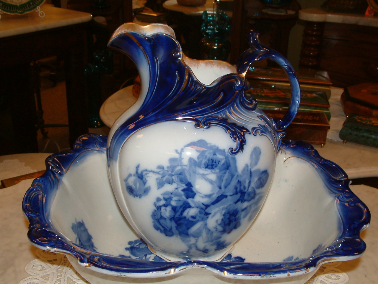 Doulton Flow Blue Pitcher & Bowl SOLD - Image 6