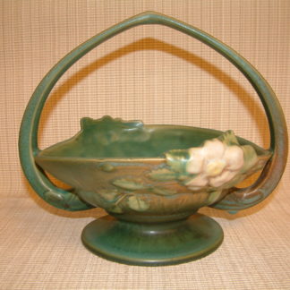 Roseville Green  "White Rose"  Handled Basket  #362-8"