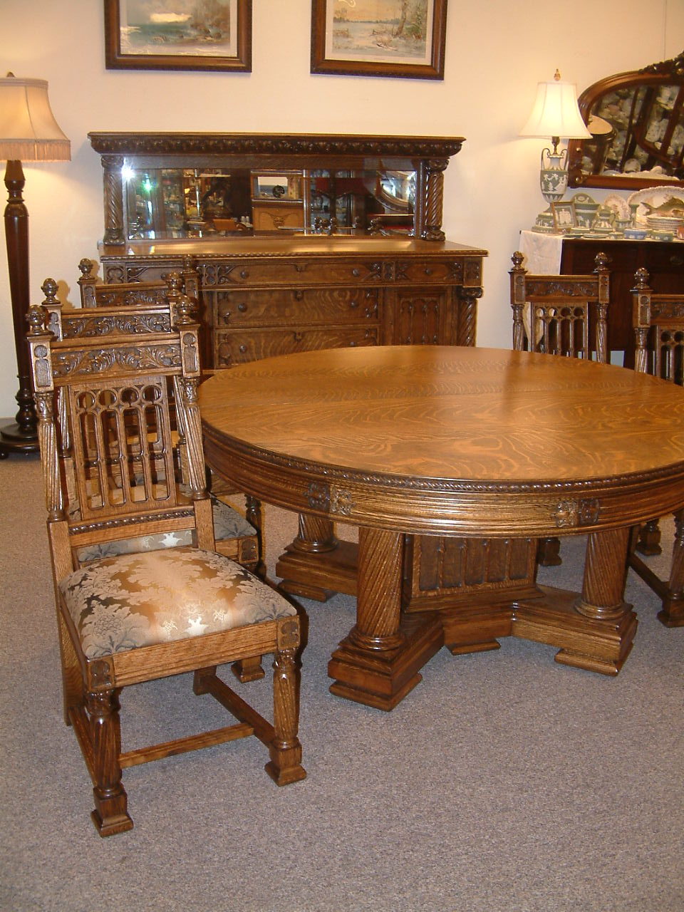 Massive Oak Gothic Style Dining Set, Robert Mitchell