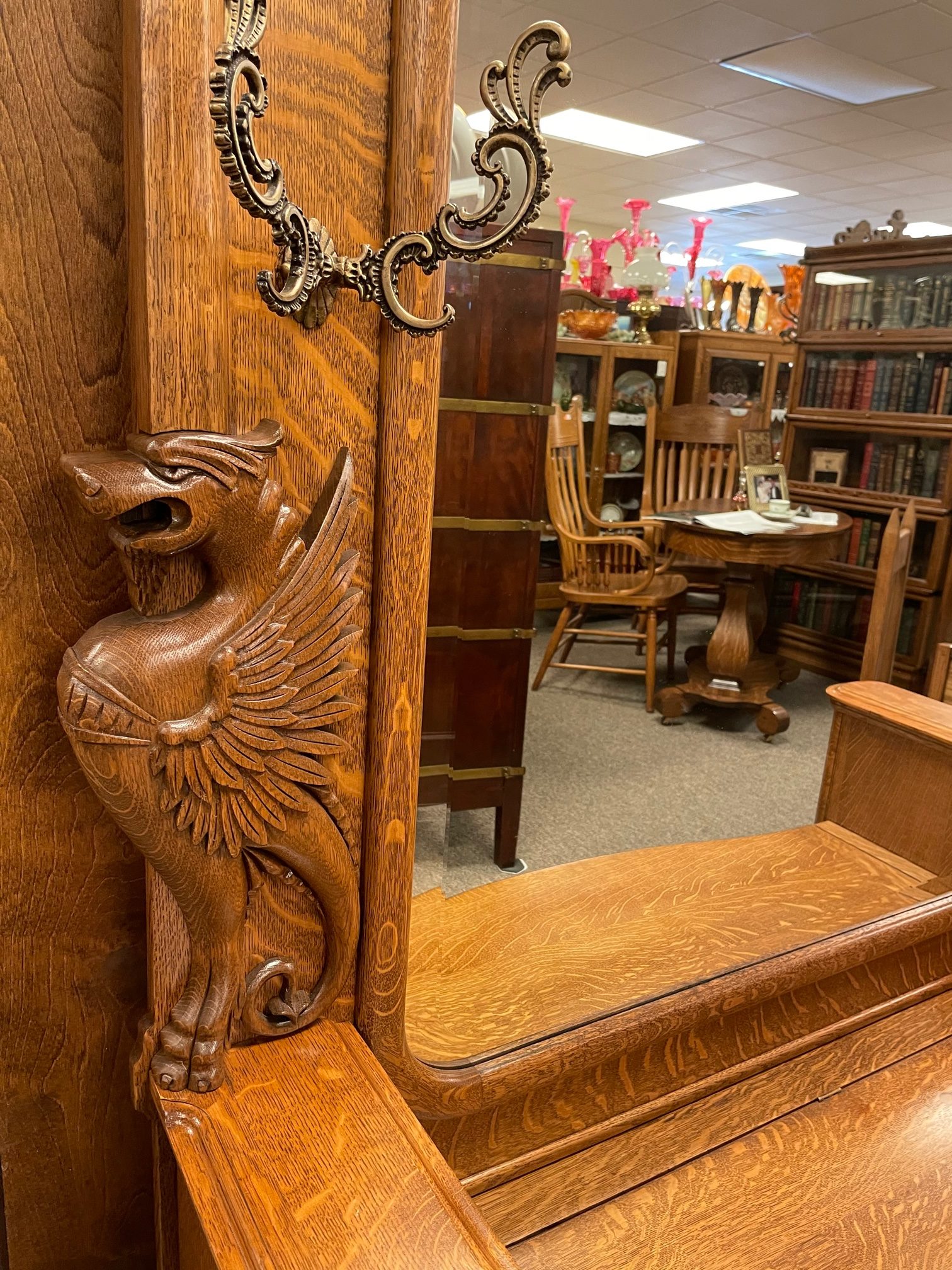 Massive Quartersawn Oak Griffin Adorned Halltree - Image 2