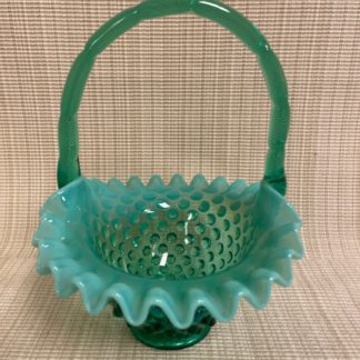 Fenton Emerald Opalescent Hobnail Handled Basket