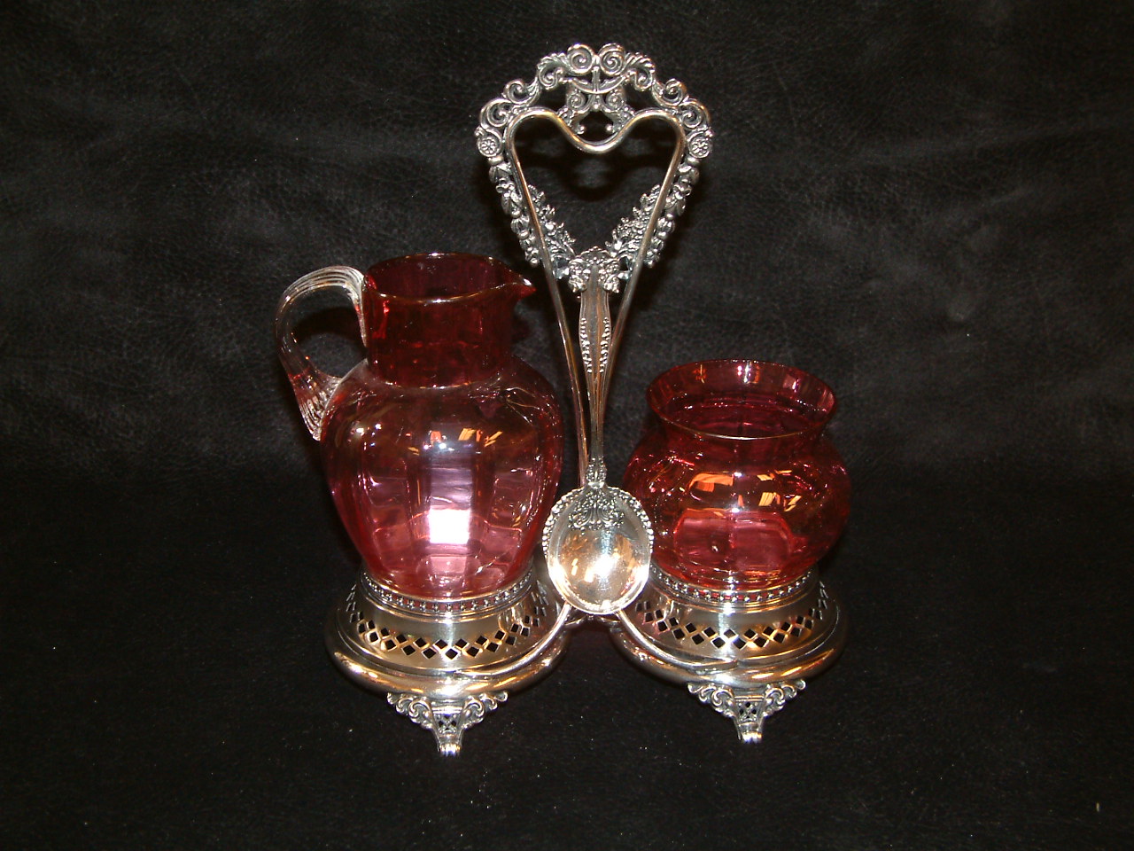 Cranberry Victorian Sugar & Creamer with Frame SOLD