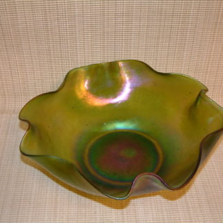 Bohemian Glass Green Iridescent Ruffled Bowl