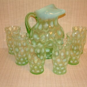 Fenton Green Opalescent Coinspot Pitcher & Tumblers