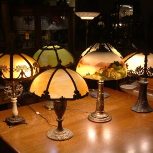 Green Slag Glass Paneled  Lamp  SOLD