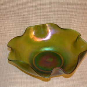 Bohemian Glass Green Iridescent Ruffled Bowl