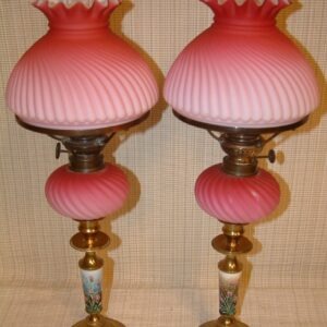 Victorian Cranberry Cased Glass Peg Lamps,  Matched Pair