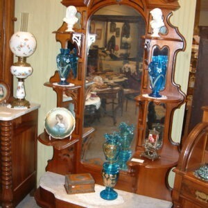 Walnut Etagere Pierce Carved Crest